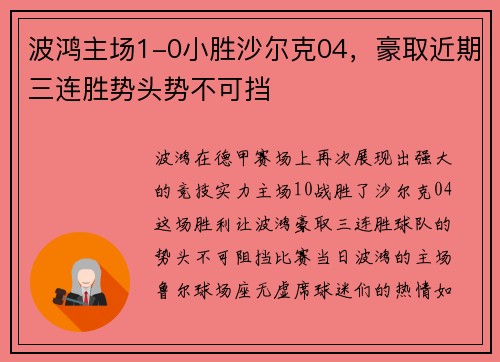 波鸿主场1-0小胜沙尔克04，豪取近期三连胜势头势不可挡