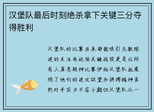 汉堡队最后时刻绝杀拿下关键三分夺得胜利